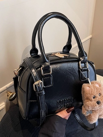 Women Vintage Glossy PU Leather Boston Handbag Solid Color Mini Crossbody Bag With Adjustable Strap And Plush Bear Charm