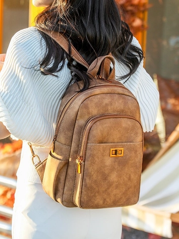 Zaino da Donna in Pelle PU Vintage Grande Capacità Borsa a Tracolla Casual Leggera per Viaggi Con Fibbia in Metallo