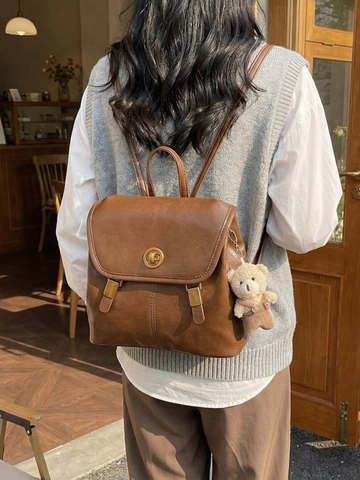 Sac à Dos en Cuir PU Vintage pour Femmes Style Collège Sac d'École Grande Capacité Sac à Dos Avec Pendentif Ours Sac de Voyage
