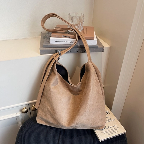 Retro Suede Shoulder Bag For Women Large Capacity Frosted Leather Hobo Tote Bag Vintage Simple Commuting Bucket Bag
