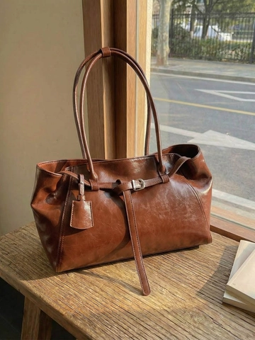 Women Retro PU Leather Tote Bag Large Capacity Shoulder Bag Solid Color Commuter Underarm Bag For Daily Use Elegant Handbag