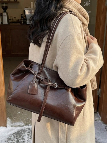 Women Retro PU Leather Tote Bag Large Capacity Shoulder Bag Solid Color Commuter Underarm Bag For Daily Use Elegant Handbag