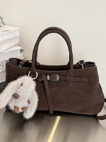 Sac à Épaule en Cuir PU Grande Capacité pour Femmes Sac à Main Rétro Avec Pendentif Lapin en Peluche Fermeture Éclair