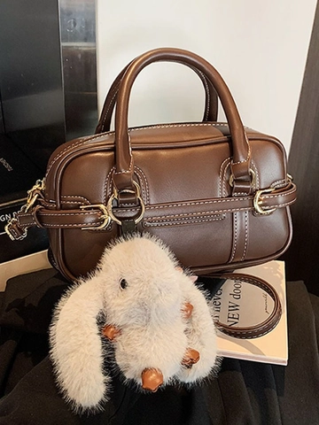 Bolso Boston de Almohada Retro para Mujer de Cuero PU Bolso Bandolera de Mano Con Pespunte en Contraste y Colgante de Conejo de Peluche
