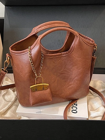 Vintage PU Leder Eimertasche Für Damen Große Kapazität Umhängetasche Mit Mini Beutel Anhänger Lässige Mode Handtasche