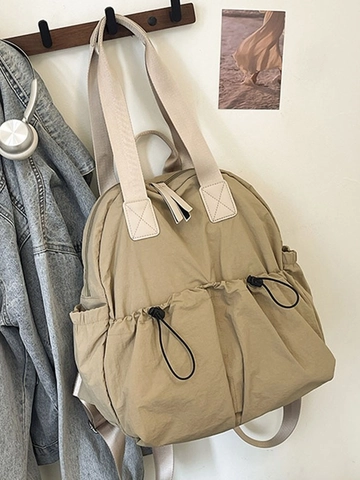 Women Fashion Waterproof Nylon Backpack Large Capacity Simple Casual Travel Shoulder Bag With Drawstring Pockets And Top Handle