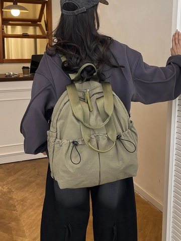 Women Fashion Waterproof Nylon Backpack Large Capacity Simple Casual Travel Shoulder Bag With Drawstring Pockets And Top Handle