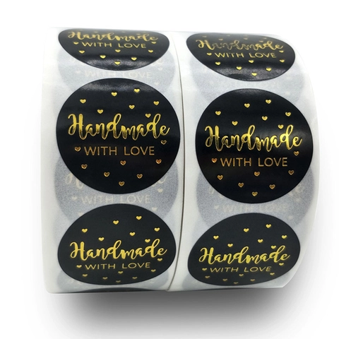 Etichette Decorative Nere Adesivi a Cuore Handmade With Love in Lamina d'Oro Rotondi Per Confezioni Regalo Matrimonio
