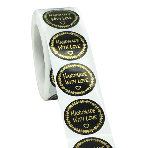Etichette Adesive Rotonde Handmade With Love Oro Nero Stampa a Caldo Motivo a Cuore Sigilli per Imballaggio Regalo Decorazione Fai da Te
