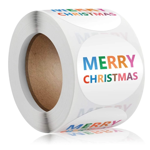 Merry Christmas Round Stickers Self Adhesive Envelope Gift Box Sealing Labels Holiday Party Decoration Colorful Lettering Bulk Coated Paper Decorative Stickers