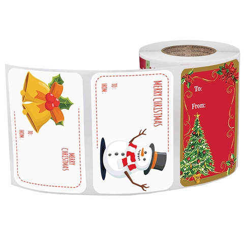 Frohe Weihnachten Aufkleber Rolle Rechteckige Geschenketiketten Mit Schneemann Weihnachtsbaum Mustern Für Feiertagsdeko