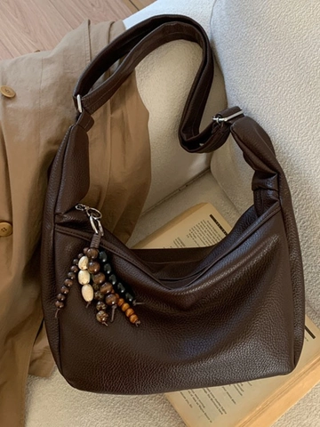 Dames Grote Capaciteit Hobo Tas Vintage Lychee Patroon PU Leer Schoudertas Crossbody Tas Met Kralen Hanger Brede Riem