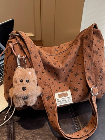 Women Corduroy Crossbody Bag Heart Bow Print Large Capacity Tote Bag Vintage School Commuting Shoulder Bag With Plush Pendant