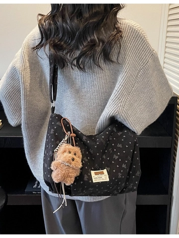 Women Corduroy Crossbody Bag Heart Bow Print Large Capacity Tote Bag Vintage School Commuting Shoulder Bag With Plush Pendant