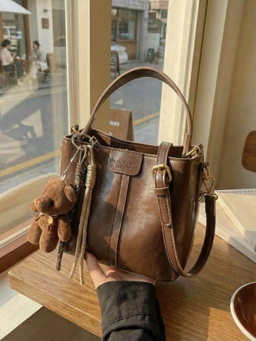 Vintage PU Leather Bucket Bag For Women Retro Glossy Solid Color Shoulder Crossbody Bag With Plush Bear Charm Daily Handbag