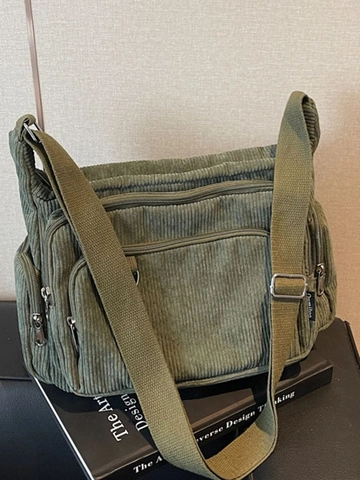 Women Corduroy Large Capacity Tote Crossbody Bag Multi Pocket Adjustable Strap Casual Retro Shoulder Messenger Bag