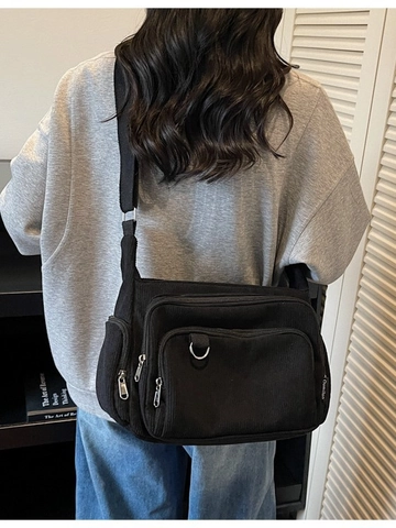 Women Corduroy Large Capacity Tote Crossbody Bag Multi Pocket Adjustable Strap Casual Retro Shoulder Messenger Bag