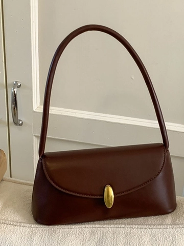 Women Retro PU Leather Underarm Bag Minimalist Baguette Shoulder Bag With Gold Oval Buckle For Daily Commute