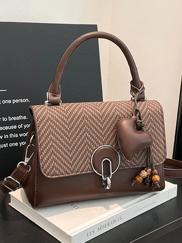 Bolso de Bandolera de Patchwork de Cuero de PU Vintage para Mujer Bolso de Mano Cuadrado Pequeño Pata de Gallo Con Colgante de Corazón