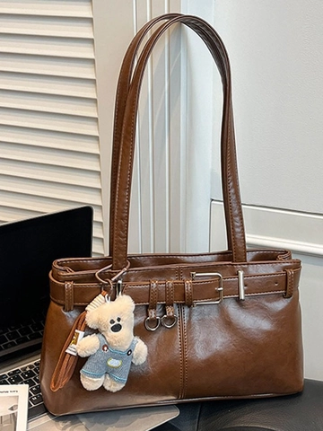 Borsa a Spalla da Donna in Pelle PU alla Moda con Fibbia Vintage e Ciondolo a Orsetto Borsa a Mano retrò Sottobraccio