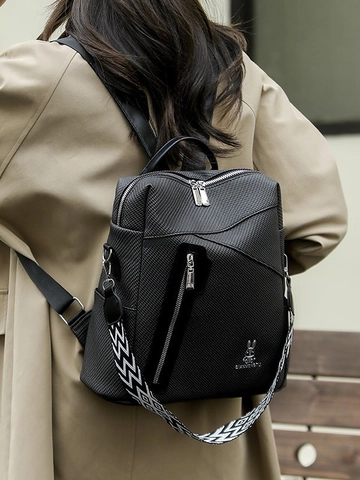 Dames Mode Gevlochten Textuur PU Leer Rugzak Grote Capaciteit Multi Compartiment Schooltas Met Geometrische Patroon Band