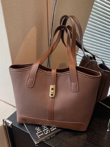 Women's Large Capacity PU Leather Tote Bag Minimalist Litchi Texture Shoulder Bag With Metal Twist Lock For Work Travel