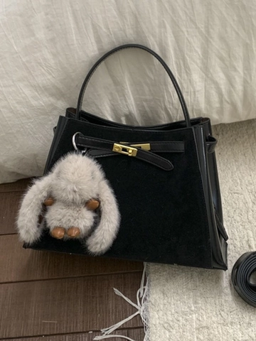 Retro PU Leather Bucket Bag For Women Vintage Elegant Handbag With Metal Lock And Plush Rabbit Charm Shoulder Bag