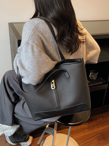 Women's Large Capacity PU Leather Tote Bag Minimalist Litchi Texture Shoulder Bag With Metal Twist Lock For Work Travel