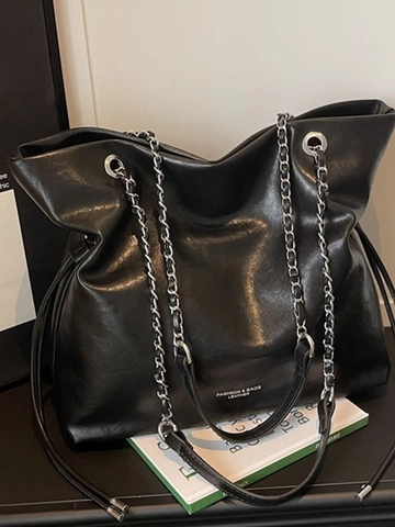 Sac Cabas Femme Grande Capacité Minimaliste en Cuir PU Sac à Épaule Avec Poignée Chaîne en Métal Cordon Sac de Courses