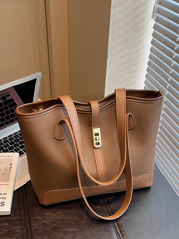 Women Large Capacity PU Leather Tote Bag Lychee Pattern Commuter Shoulder Bag Solid Color Casual Handbag For Office School