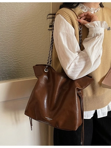 Sac Cabas Femme Grande Capacité Minimaliste en Cuir PU Sac à Épaule Avec Poignée Chaîne en Métal Cordon Sac de Courses