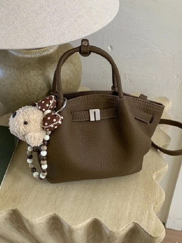Damen Vintage PU Leder Beuteltasche Mit Plüschanhänger Litschimuster Schulter Umhängetasche Handtasche Für Den Alltag Elegante Geldbörse