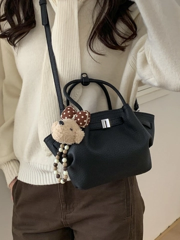 Women's PU Leather Lychee Pattern Bucket Bag With Plush Bear Pendant Elegant Crossbody Shoulder Bag For Daily Commute