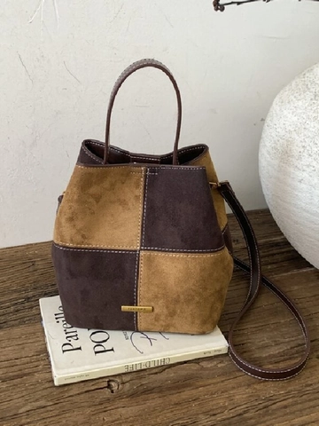 Bolso Cubo Vintage de Cuero PU con Bloques de Color para Mujer Bolso de Hombro de Moda con Costuras en Contraste y Hebilla Magnética