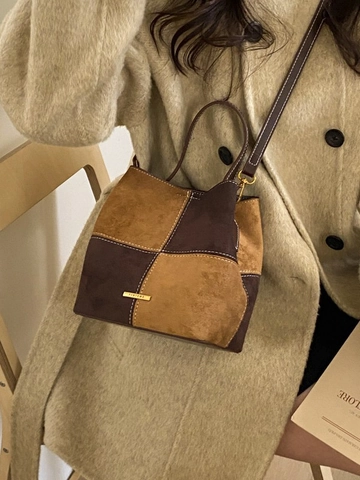 Vintage Suede Feel Patchwork Bucket Bag For Women Retro Color Block Shoulder Bag With Contrast Stitching Handbag