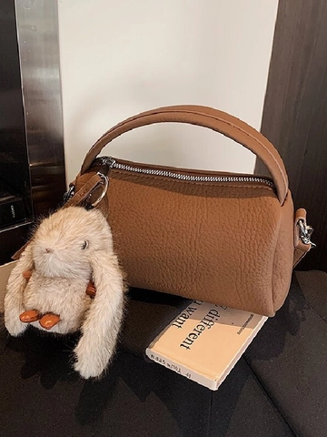 Women Litchi Pattern PU Leather Shoulder Bag Small Boston Crossbody Bag With Plush Rabbit Charm Fashion Daily Handbag