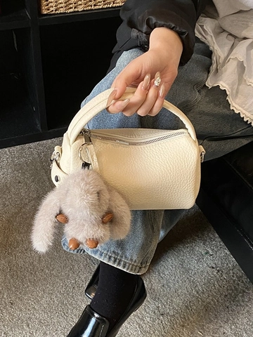 Women Litchi Pattern PU Leather Shoulder Bag Small Boston Crossbody Bag With Plush Rabbit Charm Fashion Daily Handbag