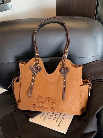 Women Large Capacity Tote Bag Vintage Frosted PU Leather Shoulder Bag CUTE PUPPY Letter Embroidery Drawstring Work School