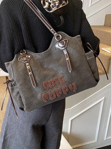 Women Large Capacity Tote Bag Vintage Frosted PU Leather Shoulder Bag CUTE PUPPY Letter Embroidery Drawstring Work School
