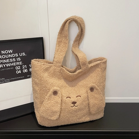Dames Schattige Pluche Faux Lamswol Tote Tas Grote Capaciteit Cartoon Hond Borduurwerk Schoudertas Herfst Winter Handtas