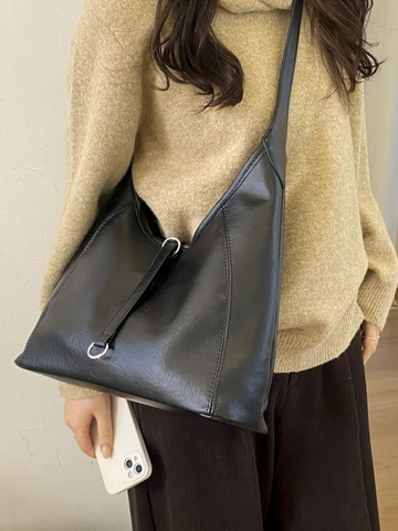 Women's Large Capacity PU Leather Tote Bag Minimalist Hobo Shoulder Bag With Metal Ring Decor For Commuting Travel