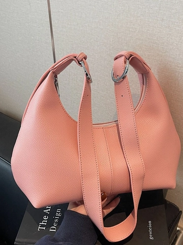 Women Minimalist PU Leather Underarm Bag Fashion Solid Color Hobo Shoulder Bag With Silver Metal Ring Adjustable Daily Bag