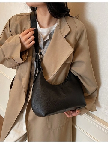 Women Minimalist PU Leather Underarm Bag Fashion Solid Color Hobo Shoulder Bag With Silver Metal Ring Adjustable Daily Bag