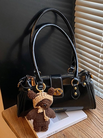 Vintage Glossy PU Leather Shoulder Bag For Women Large Capacity Retro Underarm Bag With Cute Bear Pendant Commute Tote Bag