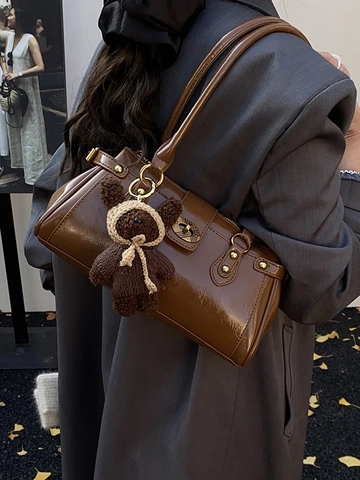 Vintage Glossy PU Leather Shoulder Bag For Women Large Capacity Retro Underarm Bag With Cute Bear Pendant Commute Tote Bag