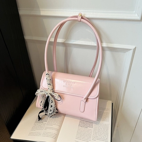 Women Urban Minimalist PU Leather Underarm Shoulder Bag With Bow Lace Artificial Pearl Pendant Flap Commuter Casual Handbag