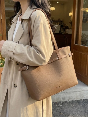 Große Kapazität Tragetasche Für Damen PU Leder Kieselstein Muster Nieten Dekor Retro Umhängetasche Pendler Office Handtasche