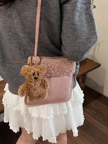 Damen Vintage Sherpa Eimertasche Mit Süßem Teddybär Plüsch Anhänger Winter Lässige Umhängetasche Schultertasche
