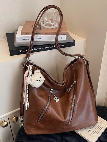 Women's Vintage PU Leather Large Capacity Tote Bag Fashion Multi-Functional Shoulder Backpack With Cute Bear Pendant
