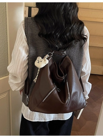 Women's Vintage PU Leather Large Capacity Tote Bag Fashion Multi-Functional Shoulder Backpack With Cute Bear Pendant
